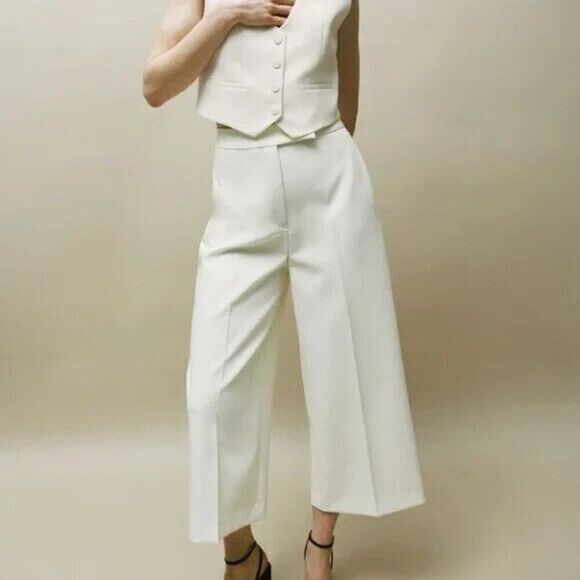 Zara Womens Cropped Pants Culottes XL White Wide Leg High Waist 7954/683 NWT - Picture 1 of 10